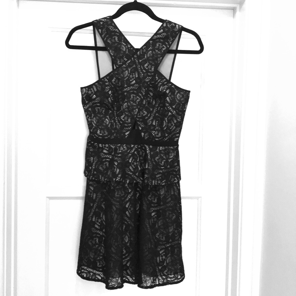 BCBG TARA Black Lace Cutout x-Neck Party Dress